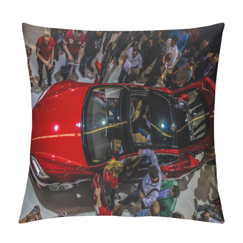 Personality  FRANKFURT - SEPT 21: New 2014 Tesla Model S Eletric Auto Present Pillow Covers