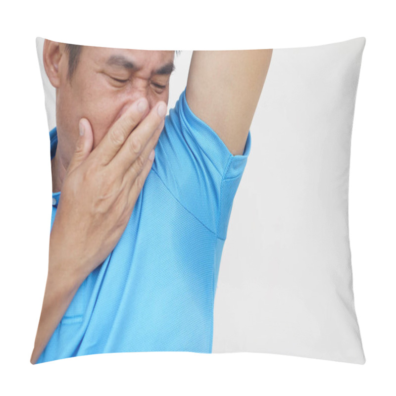 Personality  Asian Man Is Checking His Odor Underarm, Close His Nose With Hand, Feel Disgusted The Body Strong Smell. Concept , Health Problem. Unpleasant Body Odor , Smell Nasty Reaction. Negative Emotion.        Pillow Covers