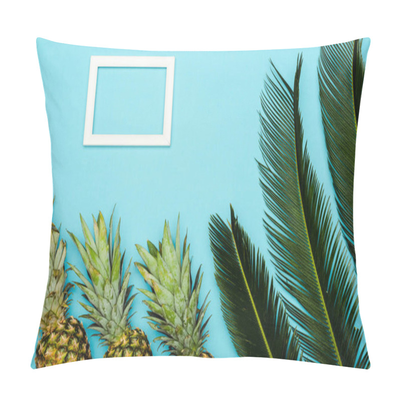 Personality  Top View Of Green Palm Leaves And Ripe Pineapples Near Square Empty Frame On Blue Background Pillow Covers