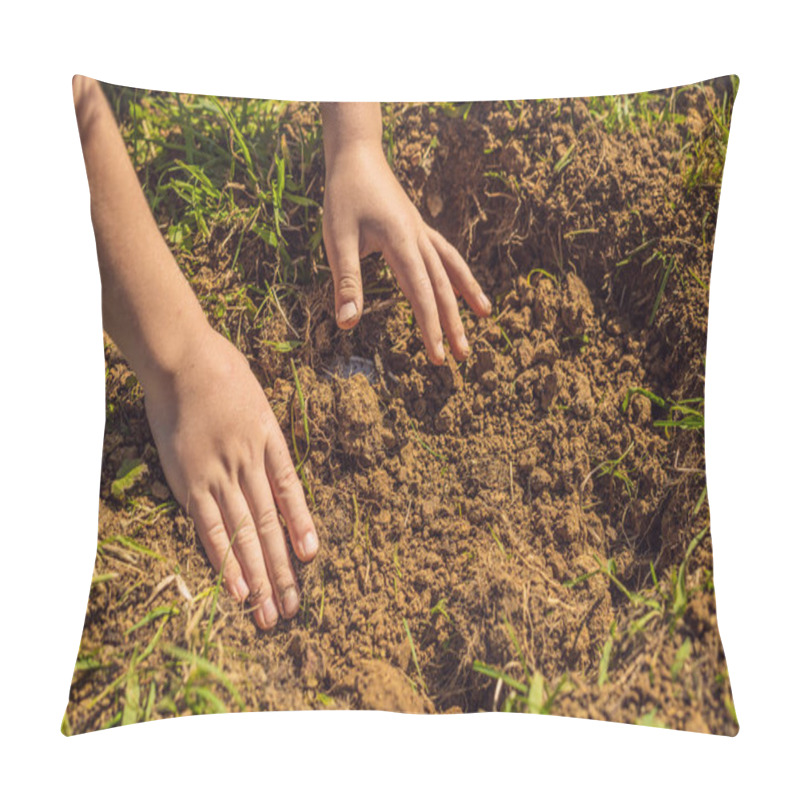 Personality  The Boy Plays Recycling. He Buries Plastic Disposable Dishes And Biodegradable Dishes Pillow Covers