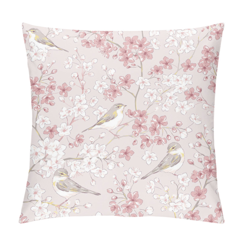 Personality  Willow Warbler Bird In Spring Sakura Cherry Blossom Garden Vector Seamless Pattern. Pillow Covers