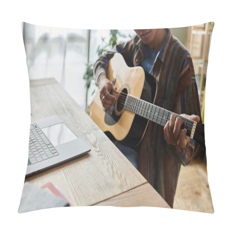 Personality  A Man Serenades With An Acoustic Guitar In Front Of A Phone. Pillow Covers