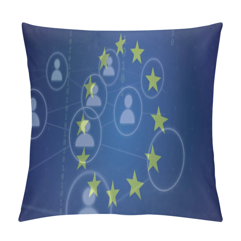 Personality  Image Of, European Union Stars Over Network Of Connected User Icons And Binary Code. Technology, Digital, Communication, Data, Connection, Cybersecurity Pillow Covers