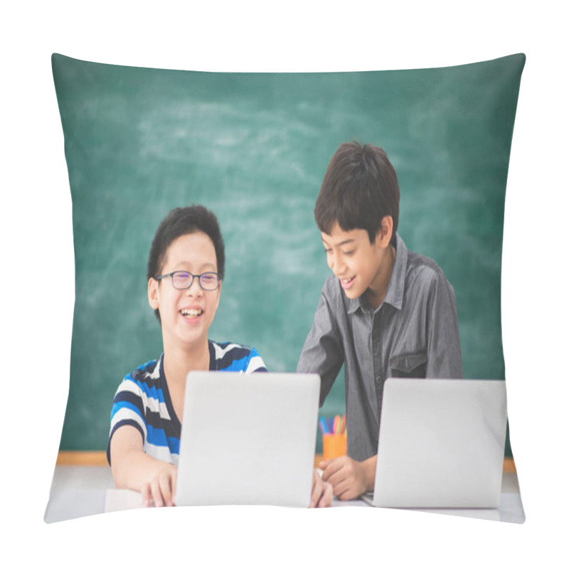 Personality  Asian Students Boy Using Laptop Learning In The Classroom At School Pillow Covers