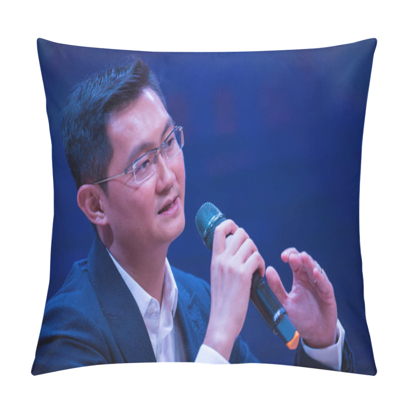 Personality  Pony Ma Huateng, Chairman And CEO Of Tencent Holdings Ltd., Speaks During The Unveiling Ceremony For Academic Complexes Denoted By Him And Other Entrepreneurs At Wuhan College In Wuhan City, Central China's Hubei Province, 19 April 2017.  Pillow Covers