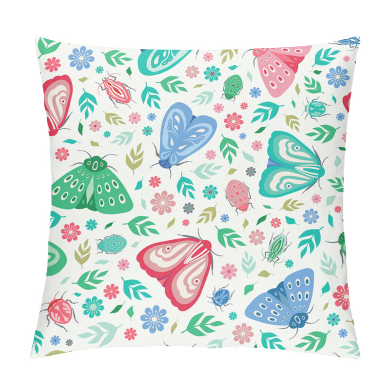 Personality  Seamless Repeat Pattern Background Of Colourful Moths, Beetles, Leaves And Flowers. A Vector Background Of Insects And Flora Ideal For A Spring And Summer Design. Pillow Covers