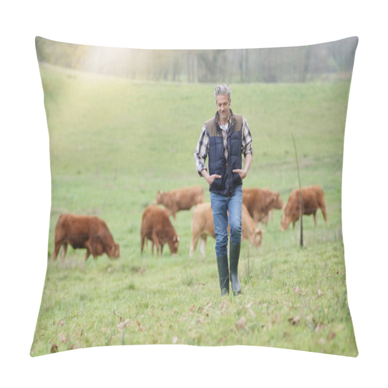 Personality  Farmer Walking In Field With Cattle In The Background Pillow Covers