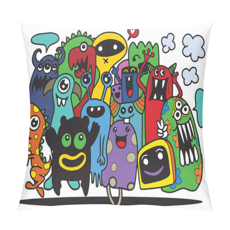 Personality  Cute Monster Set, Hand Drawing Cute Doodle Monster Group,Flat De Pillow Covers