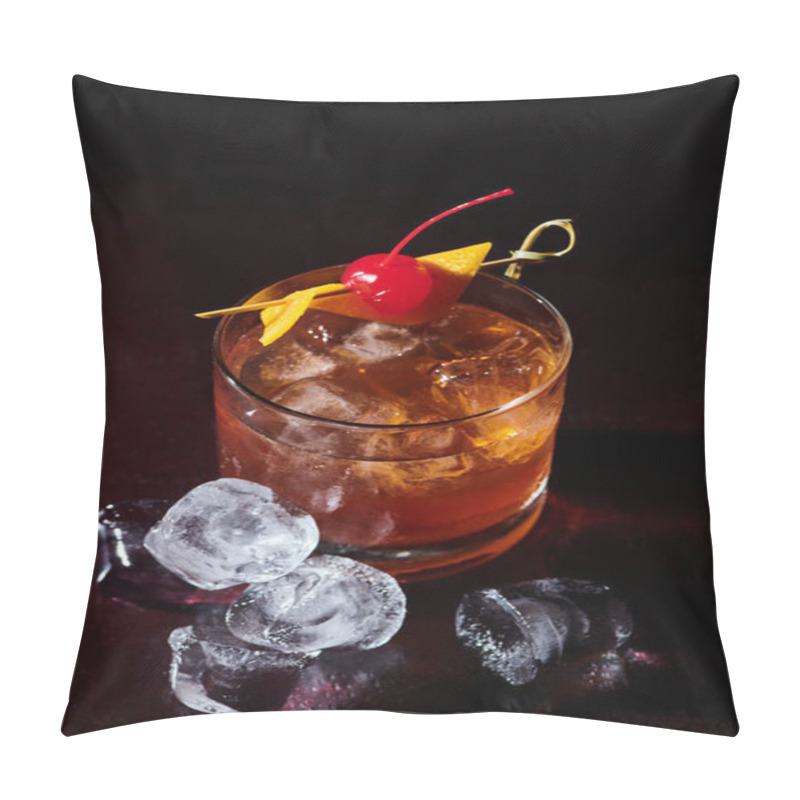 Personality  Thirst Quenching Negroni With Cocktail Cherry And Ice Cubes On Black Backdrop, Concept Pillow Covers