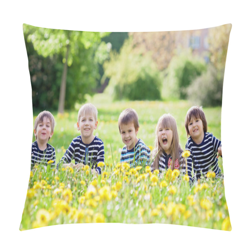 Personality  Five Adorable Kids, Dressed In Striped Shirts, Hugging And Smili Pillow Covers