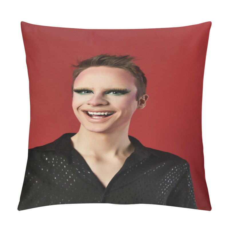 Personality  A Young Drag Artist Poses Joyfully In Striking Fashion Attire. Pillow Covers