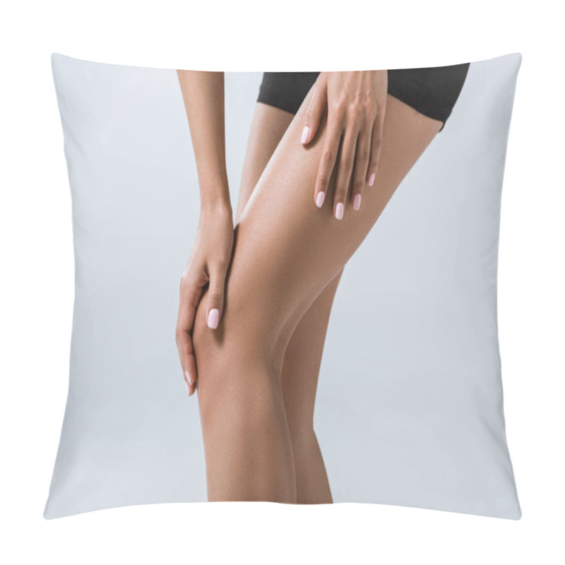 Personality  Cropped View Of Sportswoman With Knee Pain Isolated On Grey Pillow Covers