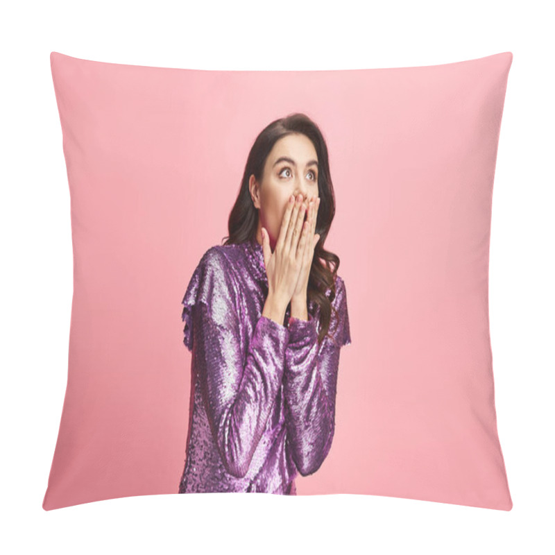 Personality  Woman Covering Mouth With Hands, Expressing Surprise Or Shock. Pillow Covers