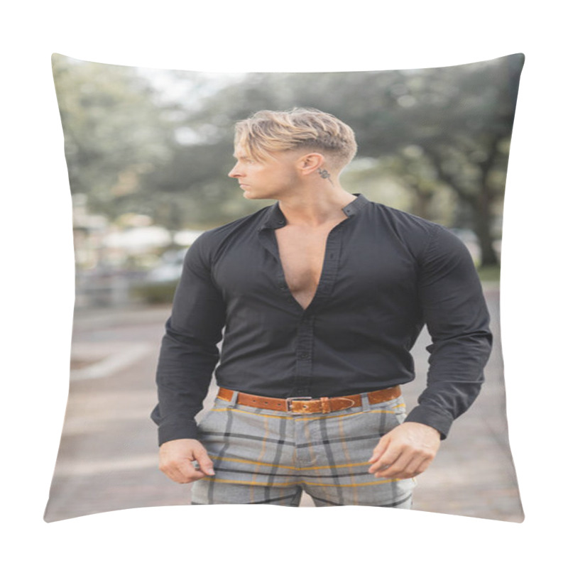 Personality  A Handsome Blonde Man, Wearing A Black Button-down Shirt And Plaid Pants, Walks Down A Street In Orlando, Florida. Pillow Covers