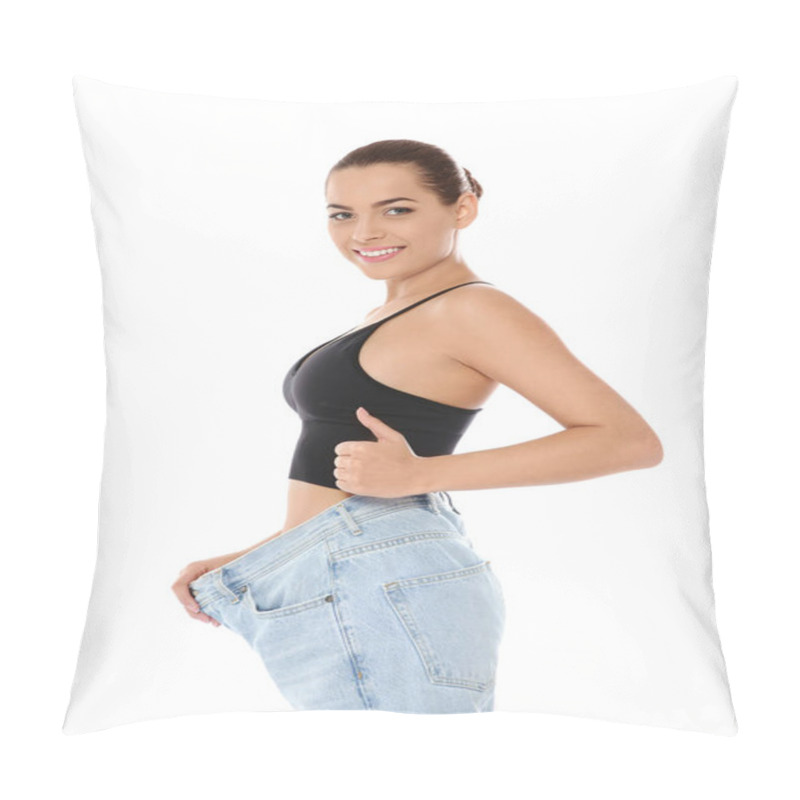 Personality  Slim Woman In Oversized Jeans On White Background. Weight Loss Pillow Covers