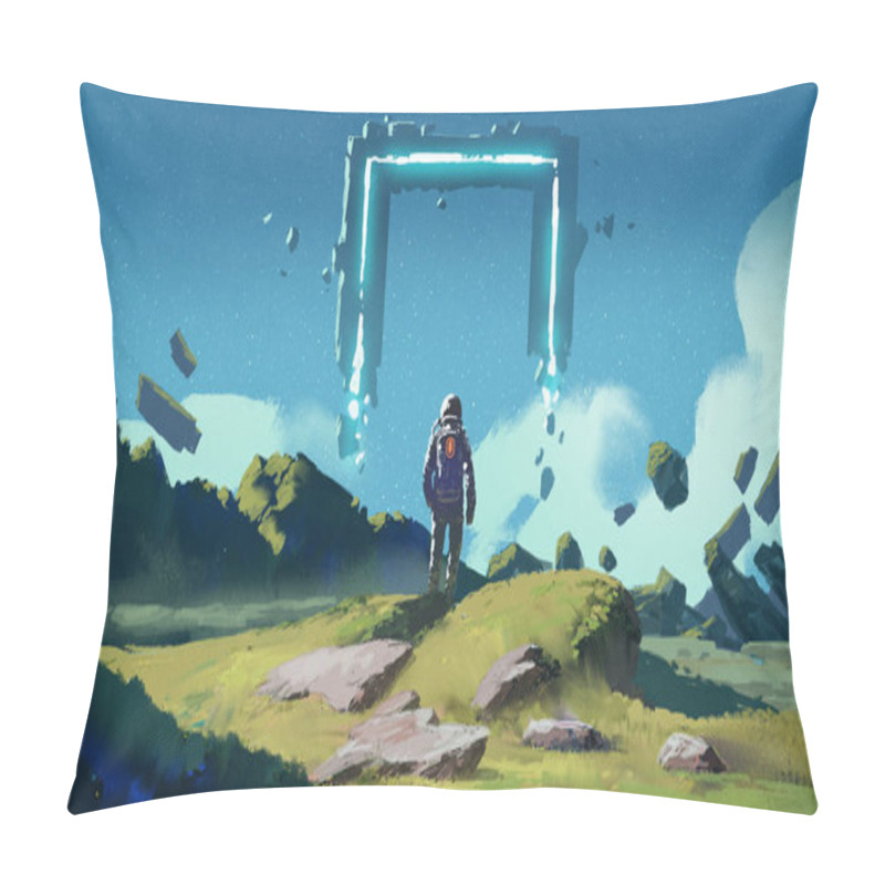 Personality  Astronaut Explores Planetary Space And Looking At Strange Building Floating In The Sky, Digital Art Style, Illustration Painting Pillow Covers