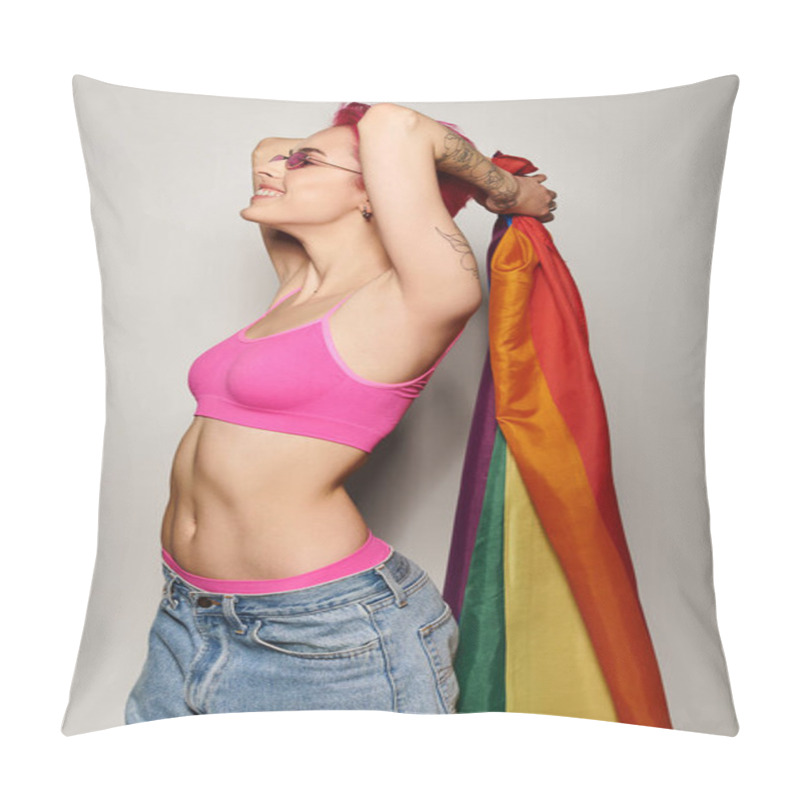 Personality  Young And Jolly Female Activist With Pink Hair And Sunglasses Posing With Lgbt Rainbow Flag On Grey Pillow Covers