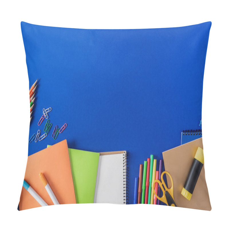 Personality  Top View Of Empty Textbook And Variety Stationery On Blue Background  Pillow Covers