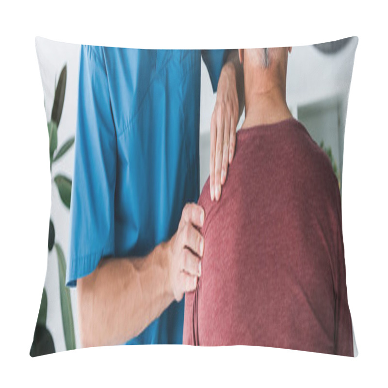 Personality  Panoramic Shot Of Doctor Touching Shoulder Of Man  Pillow Covers