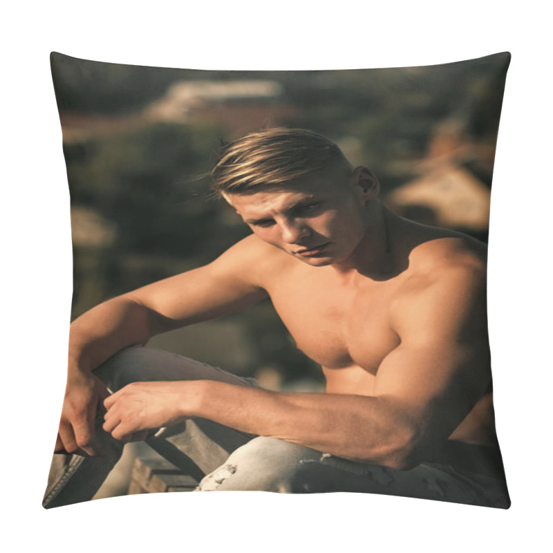 Personality  Man Face Handsome. Man Sportsman With Muscular Torso Sit On Natural Landscape Pillow Covers