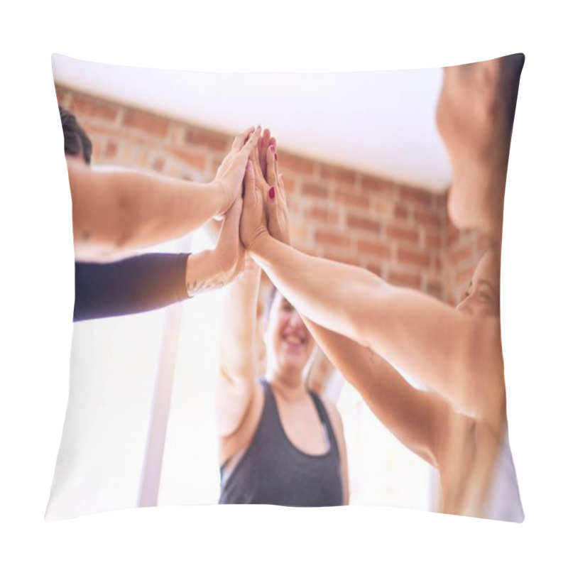 Personality  Young Beautiful Group Of Sportswomen Smiling Happy. Standing Highing Five With Smile On Face After Class Of Yoga At Gym Pillow Covers