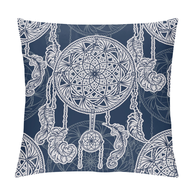 Personality  Seamless Pattern With Dreamcatcher And Feathers. Hand Drawn Vector Illustration In Boho Style. Pillow Covers