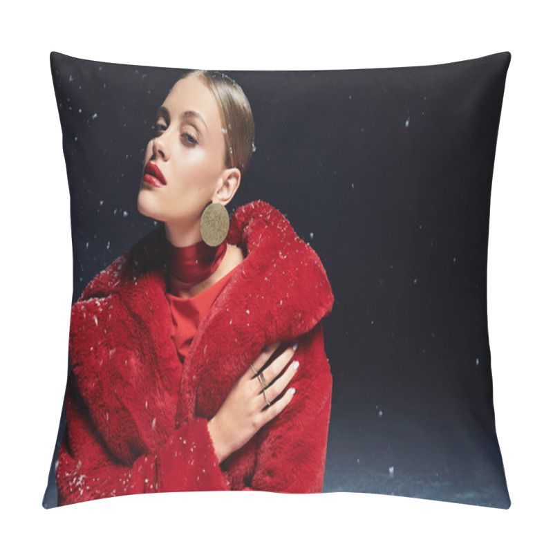 Personality  A Stylish Young Woman In A Bright Red Fur Coat Poses Beautifully Against The Snow. Pillow Covers