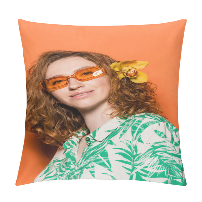 Personality  Positive Young Model With Orchid Flower In Red Hair, Natural Makeup And Sunglasses Posing In Blouse With Floral Print On Orange Background, Summer Casual And Fashion Concept, Youth Culture Pillow Covers