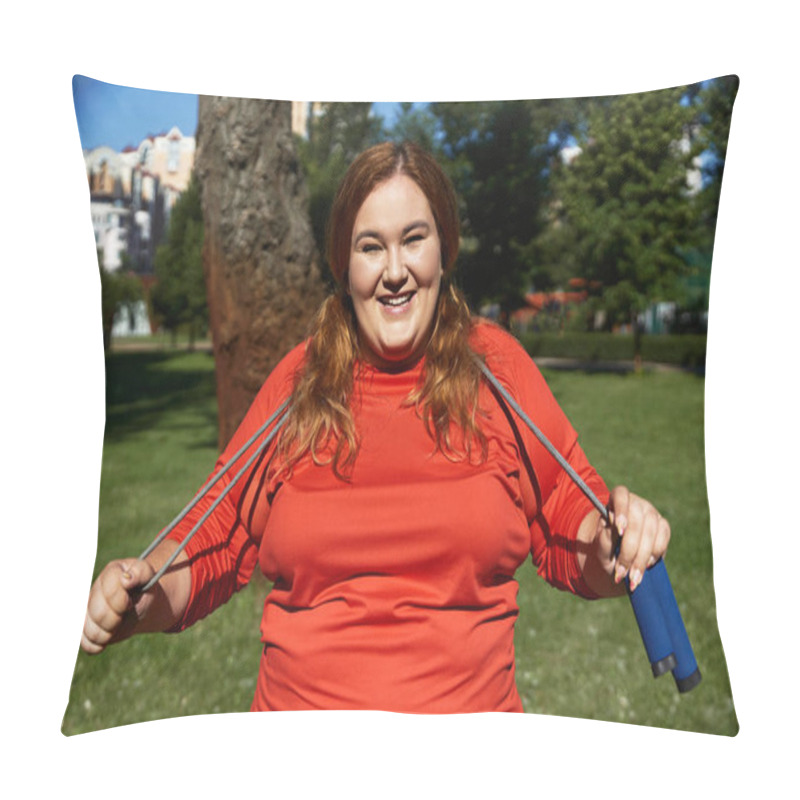 Personality  A Woman Embraces Fitness While Smiling In A Vibrant Park Setting. Pillow Covers