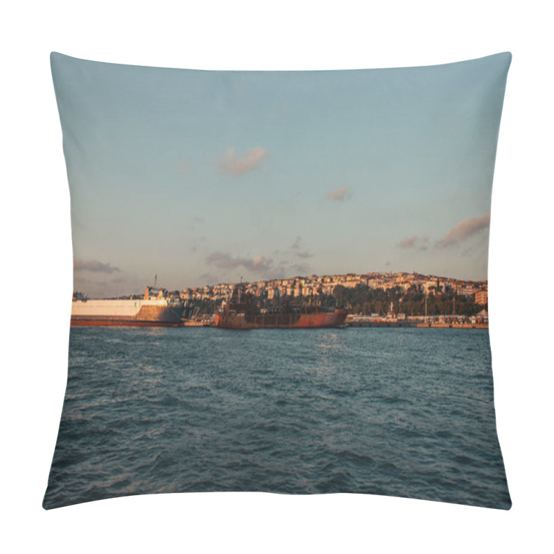 Personality  Ships Near Seafront And Istanbul City During Sunset, Turkey  Pillow Covers