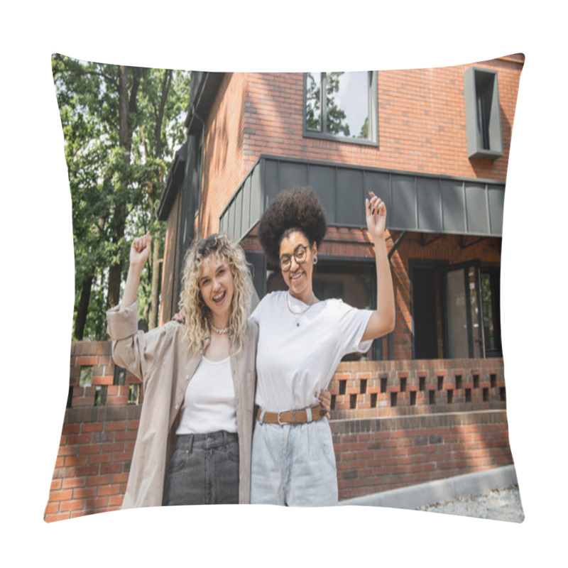 Personality  Excited Multicultural Lesbian Women Rejoicing And Showing Win Gesture Near Private Cottage Pillow Covers