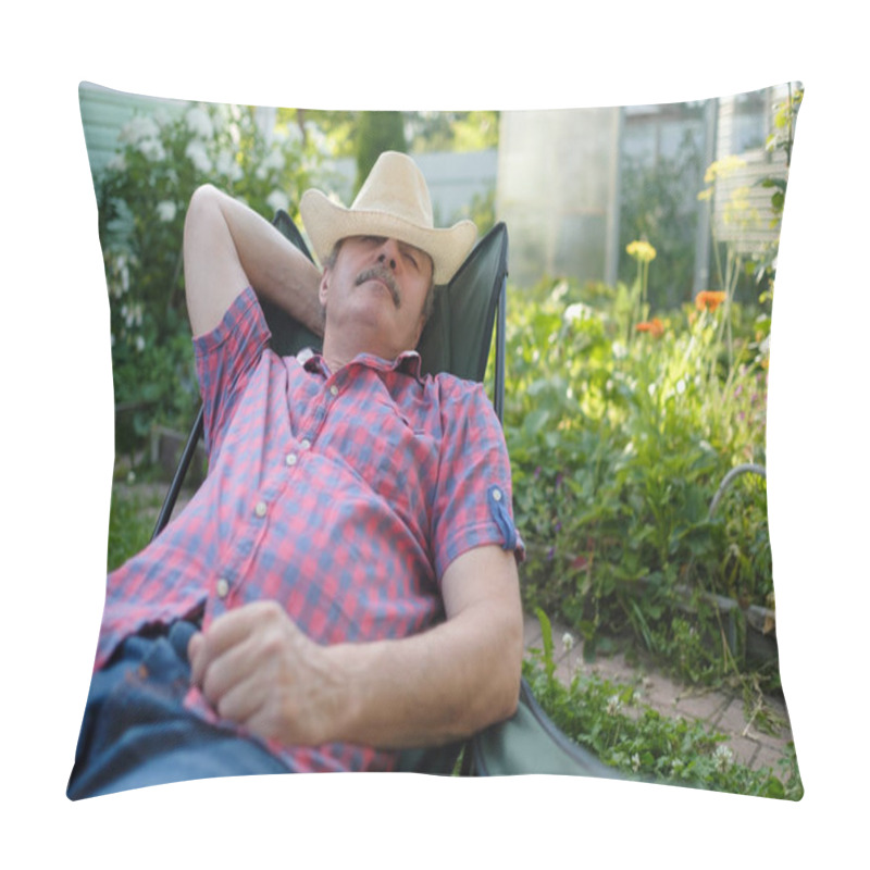 Personality  Senior Hispanic Man In Hat Sitting Leaning Back On Chair Sleeping In Outdoor Summer Flower Garden Pillow Covers