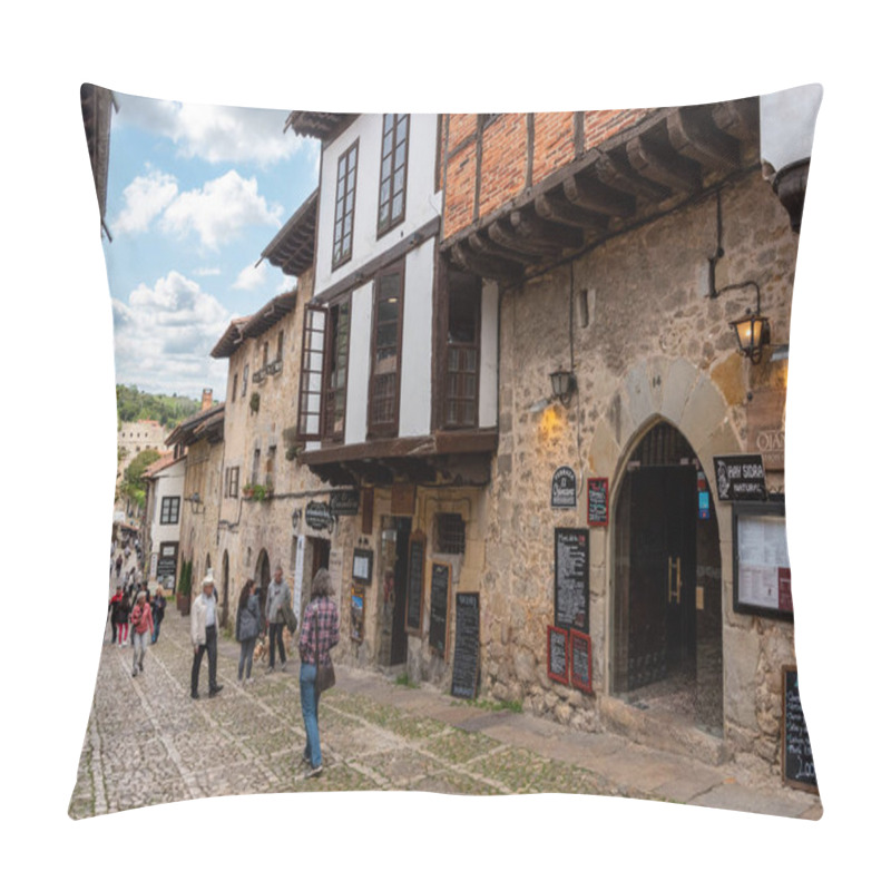 Personality  Santillana Del Mar, Spain - Mai 18, 2024 - Tourists On A Cobblestone Street Surrounded By Ancient Houses And A Stone Wall In The Medieval Little Town Santillana Del Mar, Cantabria Region In Northern Spain Pillow Covers