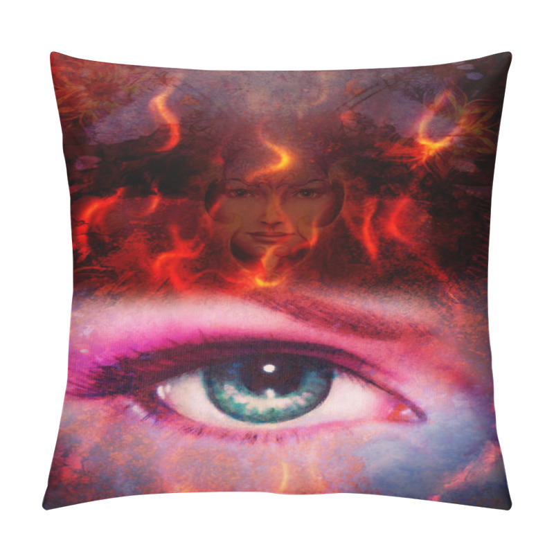 Personality  Beautiful Illustration Woman And Mandala In Fire, With Birds Phoenix On Your Face, On Multicolor Background. Eye Contact. Pillow Covers