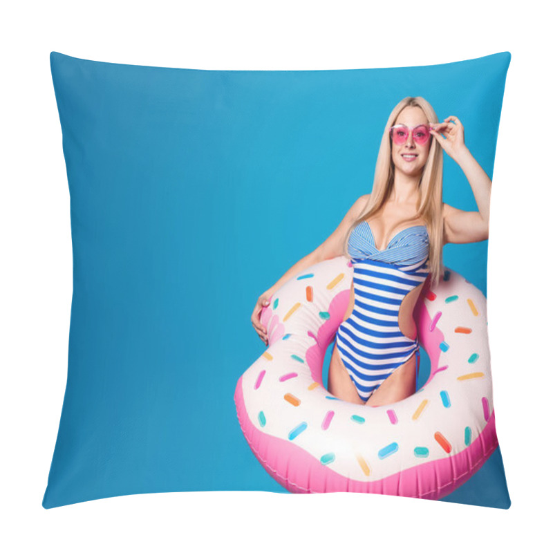 Personality  Image Of Happy Woman In Striped Bathing Suit And Pink Glasses With Life Preserver Donut On Blue Empty Background Pillow Covers