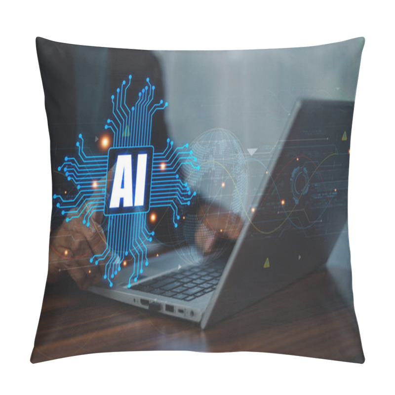 Personality  Businessman Using Computer Chat With AI Artificial Intelligence, AI Chat Bot Support, Chat AI Concept Pillow Covers