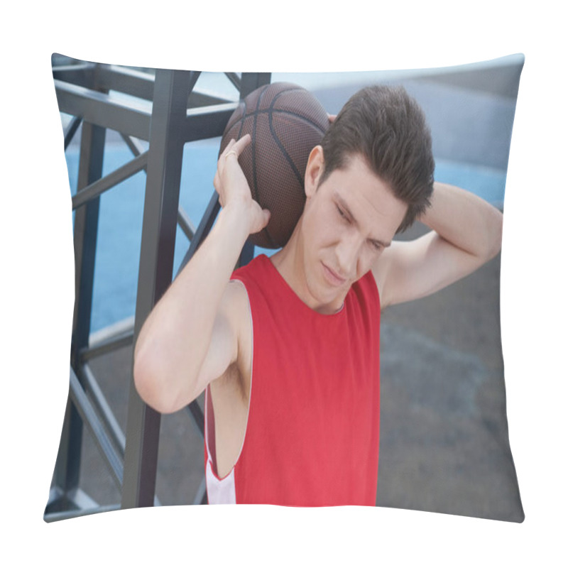 Personality  A Young Man In A Red Shirt Skillfully Holds A Basketball While Preparing To Play Outdoors On A Sunny Summer Day. Pillow Covers