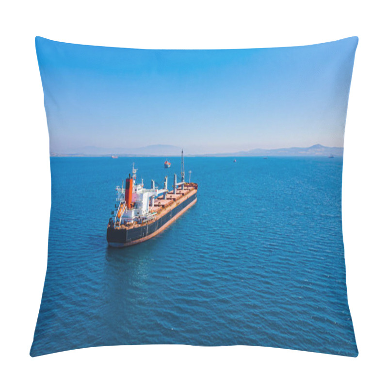 Personality  Bulk Carrier Ship Anchored In Aegean Sea Waiting Entering Port, Aerial View Pillow Covers