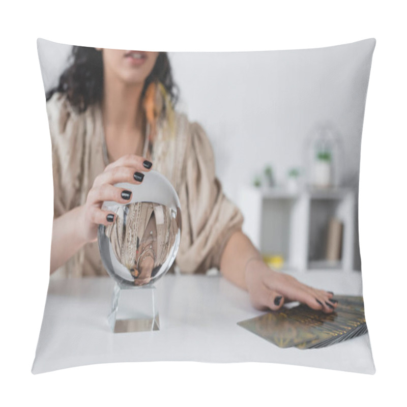 Personality  Cropped View Of Blurred Fortune Teller Touching Orb Near Tarot Cards At Home  Pillow Covers