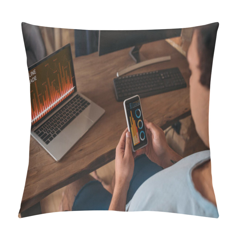 Personality  Cropped View Of Male Freelancer Working On Smartphone And Laptop With Graphics And Online Trade In Home Office During Quarantine Pillow Covers