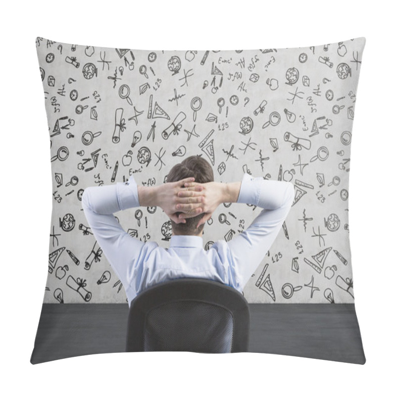 Personality  Rear View Of The Relaxing Businessman Who Thinks About Further Education. Concrete Background. Pillow Covers