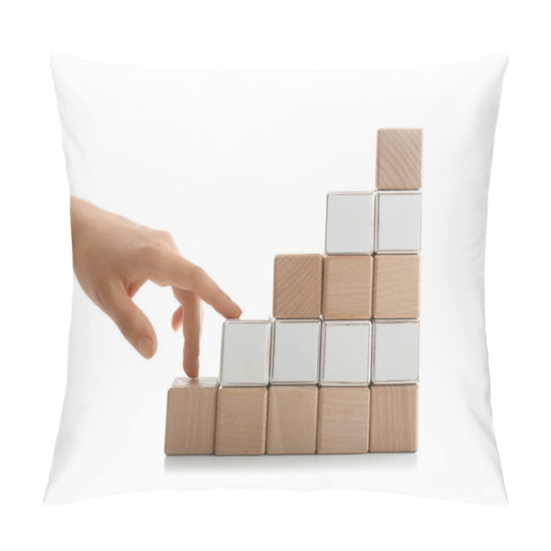 Personality  Stacked Cubes And Female Hand Imitating Walking Upstairs Against White Background. Concept Of Progress Pillow Covers