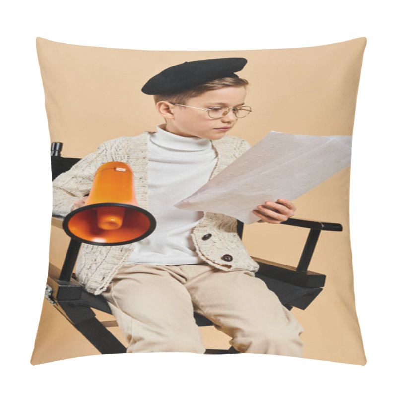 Personality  Preadolescent Boy Dressed As Film Director Holding A Piece Of Paper While Sitting In A Chair. Pillow Covers