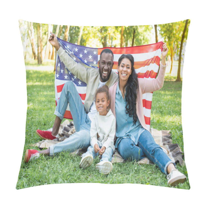 Personality  Smiling African American Parents And Daughter Holding American Flag At Picnic In Park Pillow Covers