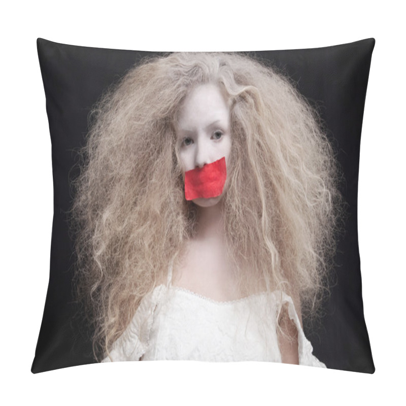 Personality  Young Woman With Red Tape On Mouth Pillow Covers