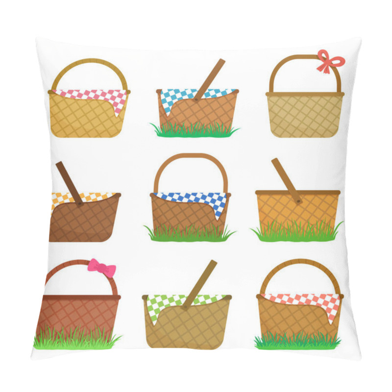 Personality  Easter Or Picnic Baskets, Set Of Straw Baskets On The Grass And With Colorful Checkered Tablecloth. Vector Illustration Pillow Covers