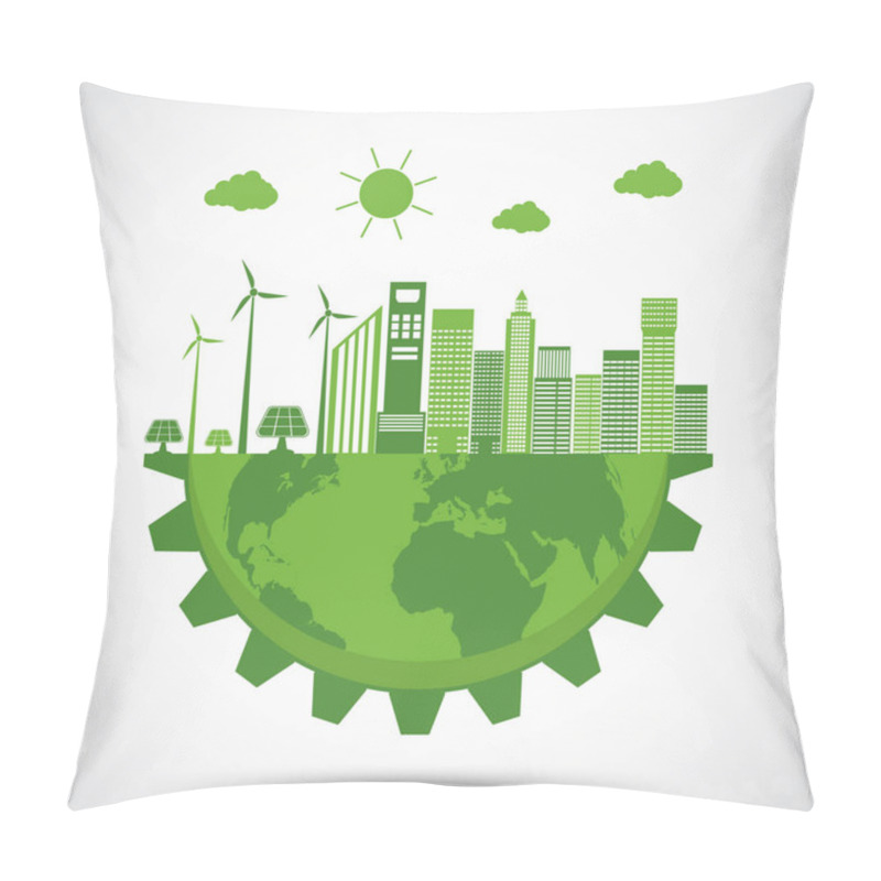 Personality  Ecology And Environmental Concept, Earth Symbol With Green Gear Around Cities Help The World With Eco-Friendly Ideas  Pillow Covers