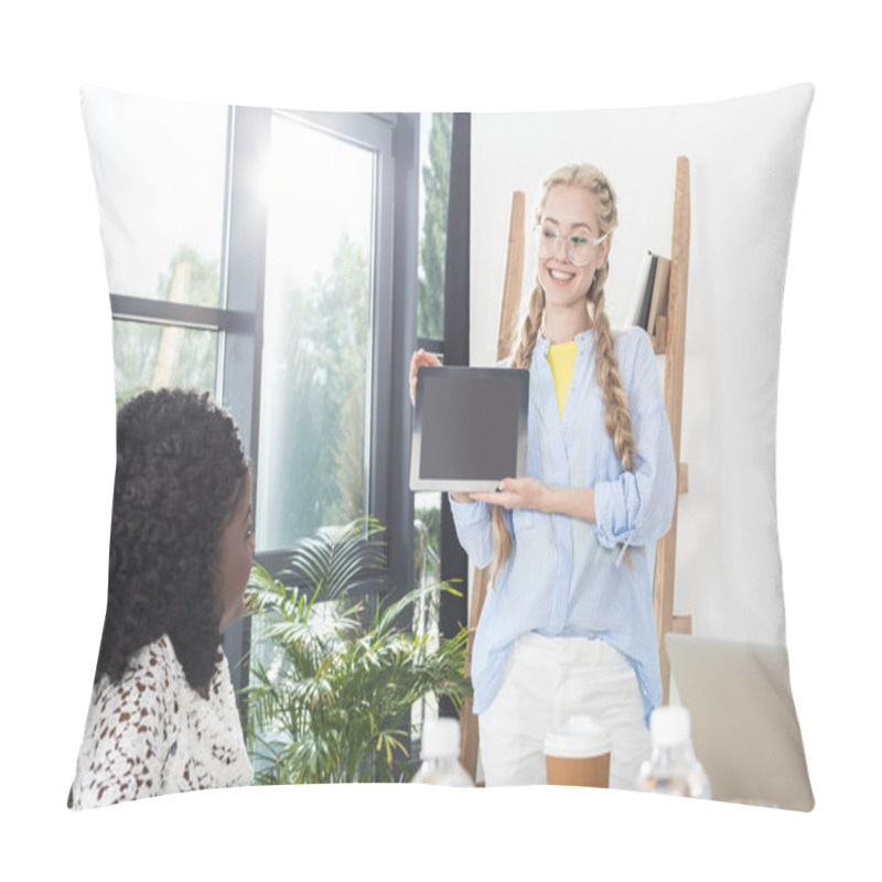 Personality  Businesswoman Showing Tablet To Colleague Pillow Covers