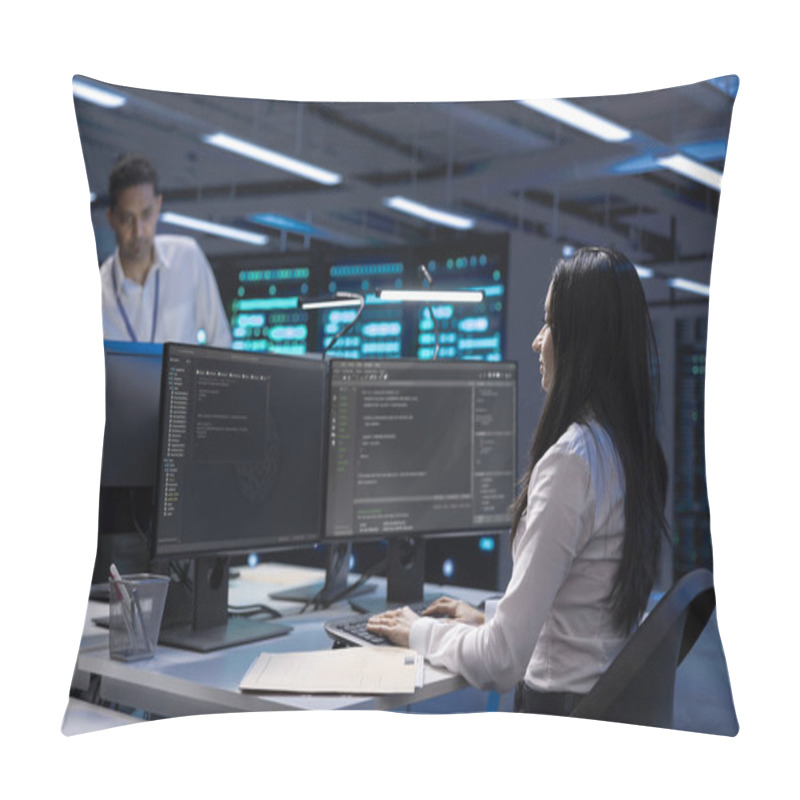 Personality  Software Developer Using Computer, Optimizing Data Center Performance. Woman Coding On PC, Troubleshooting Mainframes, Ensuring Optimal Performance And Minimizing Downtime Pillow Covers