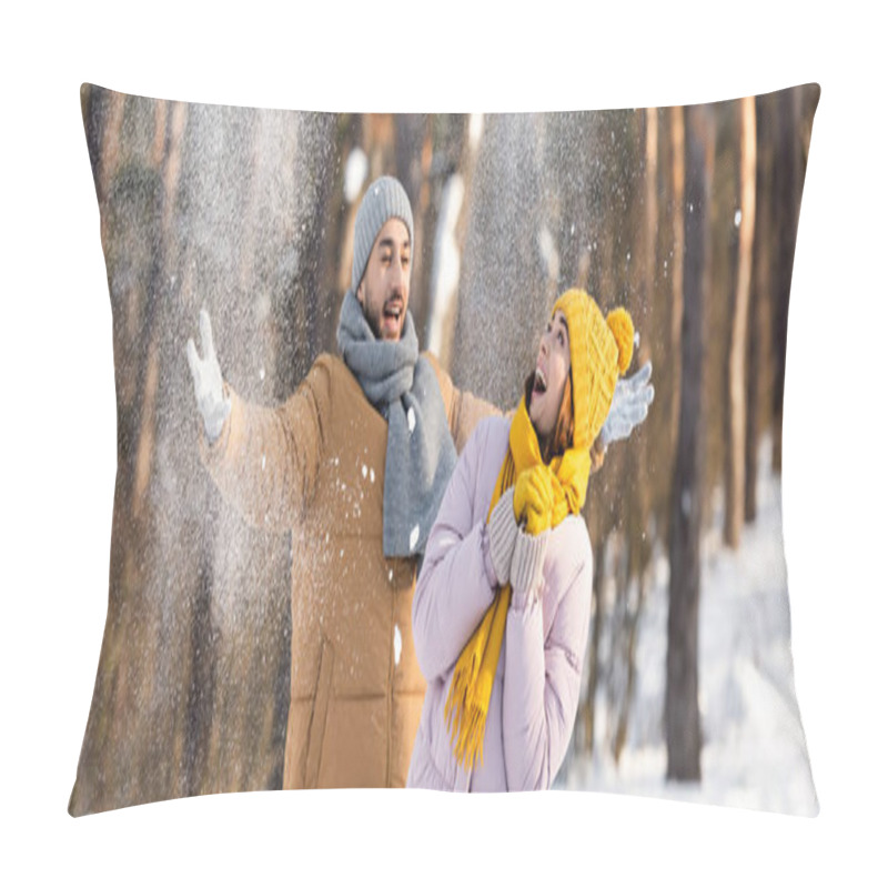 Personality  Man Throwing Snow Near Excited Girlfriend In Park, Banner  Pillow Covers